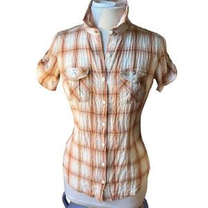 Carhartt Plaid Short Sleeve Button Up, XS. Pink/cream/khaki. Textured gorpcore
